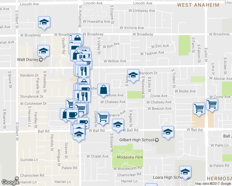 map of restaurants, bars, coffee shops, grocery stores, and more near 2029 West Crone Avenue in Anaheim