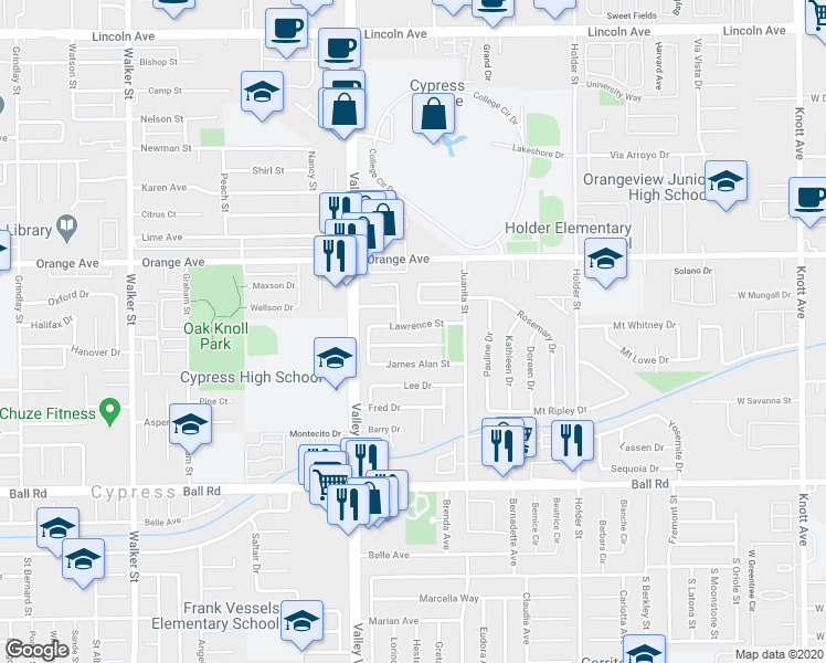 map of restaurants, bars, coffee shops, grocery stores, and more near 6124 Lawrence Street in Cypress
