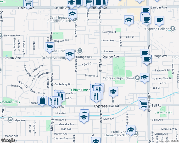 map of restaurants, bars, coffee shops, grocery stores, and more near 9658 Oakmount Street in Cypress