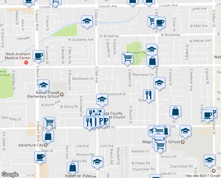 map of restaurants, bars, coffee shops, grocery stores, and more near 719 Wasco Road in Anaheim