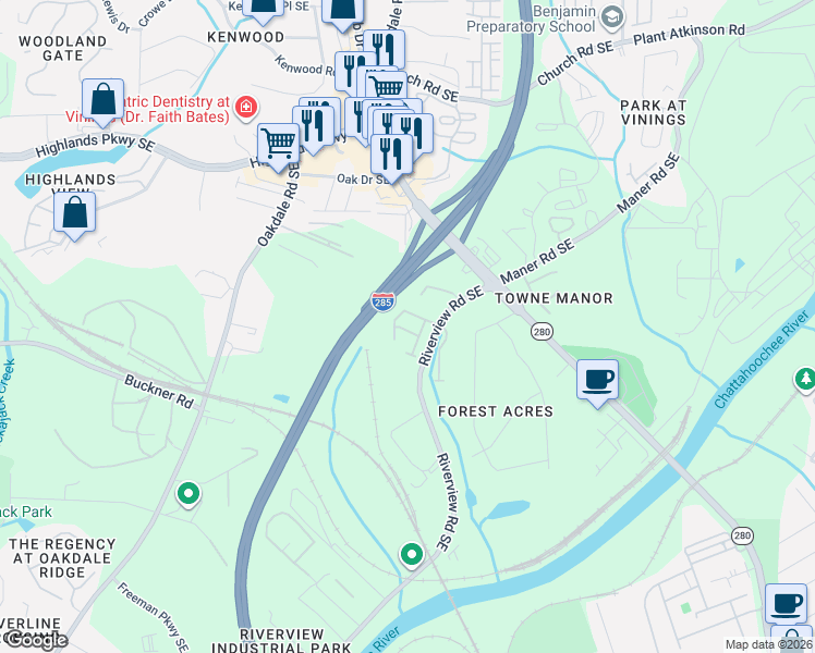 map of restaurants, bars, coffee shops, grocery stores, and more near 5328 Concordia Place in Atlanta