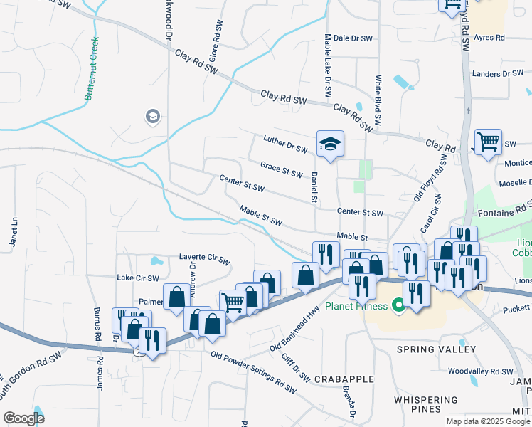 map of restaurants, bars, coffee shops, grocery stores, and more near 1150 Mable Street Southwest in Mableton