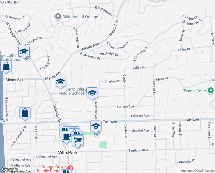 map of restaurants, bars, coffee shops, grocery stores, and more near 18101 James Road in Villa Park