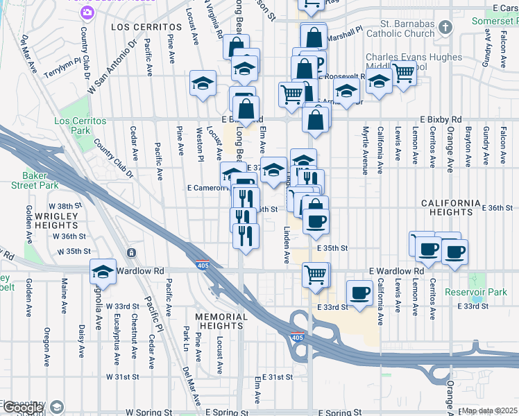 map of restaurants, bars, coffee shops, grocery stores, and more near 3601 Elm Avenue in Long Beach