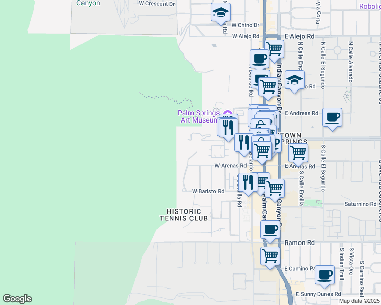 map of restaurants, bars, coffee shops, grocery stores, and more near 143 South Tahquitz Drive in Palm Springs