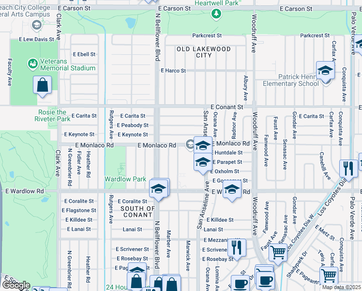 map of restaurants, bars, coffee shops, grocery stores, and more near 5610 East Monlaco Road in Long Beach