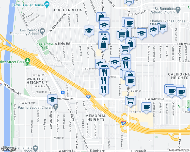 map of restaurants, bars, coffee shops, grocery stores, and more near Locust Avenue & East 36th Street in Long Beach