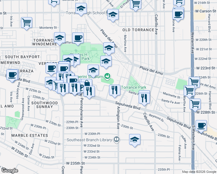 map of restaurants, bars, coffee shops, grocery stores, and more near 2709 Orange Avenue in Torrance