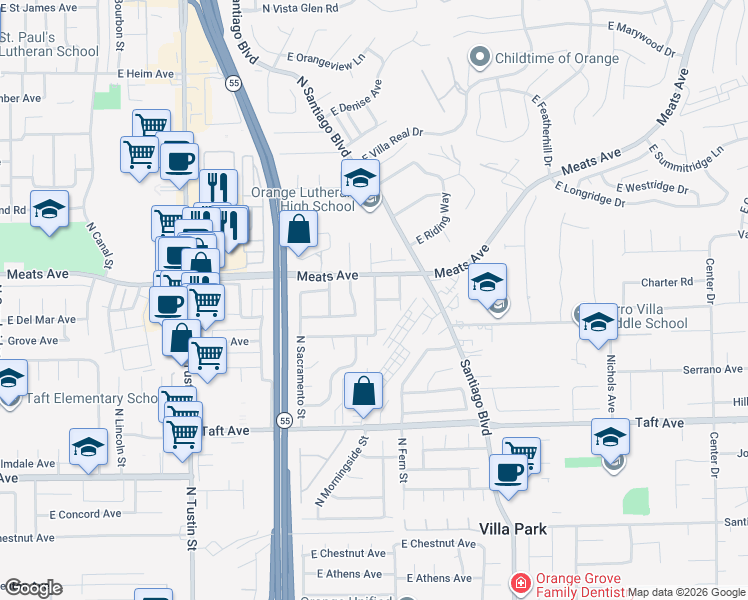 map of restaurants, bars, coffee shops, grocery stores, and more near 2050 East Grove Avenue in Orange