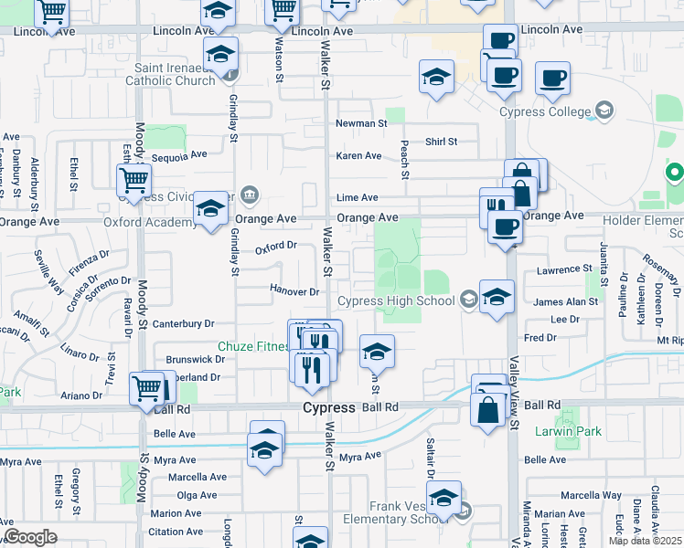 map of restaurants, bars, coffee shops, grocery stores, and more near 9642 Walker Street in Cypress