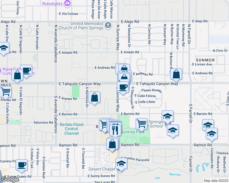 map of restaurants, bars, coffee shops, grocery stores, and more near 151 South Sunrise Way in Palm Springs
