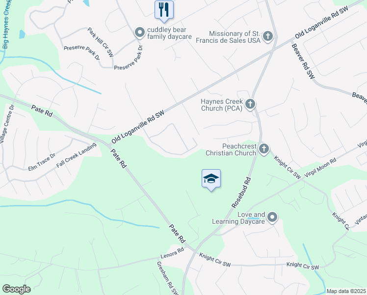 map of restaurants, bars, coffee shops, grocery stores, and more near 1756 Logan Ridge Circle in Loganville