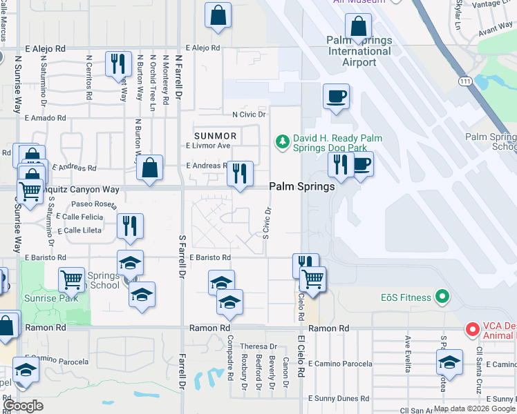 map of restaurants, bars, coffee shops, grocery stores, and more near 189 South Civic Drive in Palm Springs