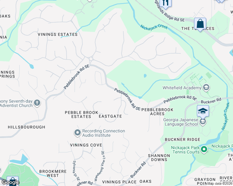 map of restaurants, bars, coffee shops, grocery stores, and more near 1176 Pebblebrook Road Southeast in Mableton