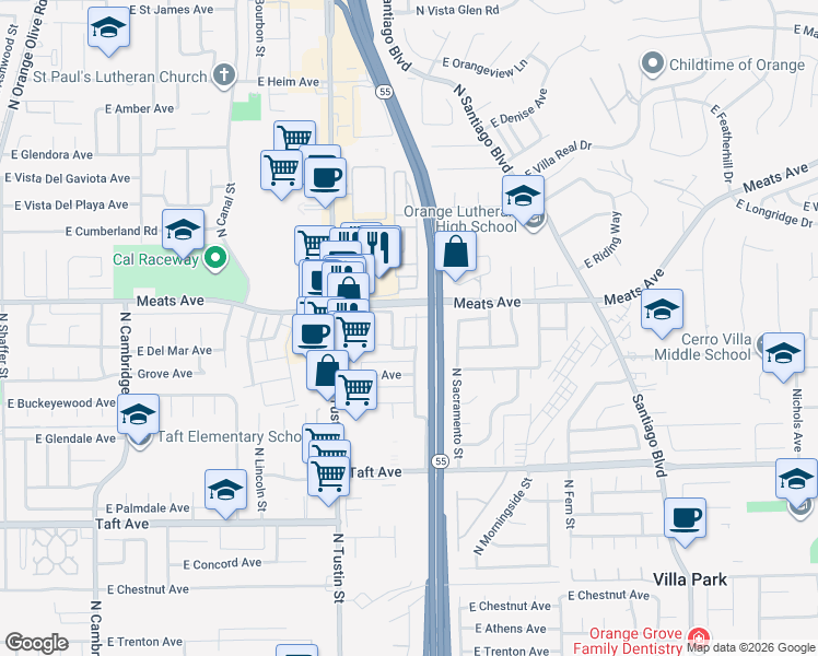 map of restaurants, bars, coffee shops, grocery stores, and more near 2056 North Highland Street in Orange