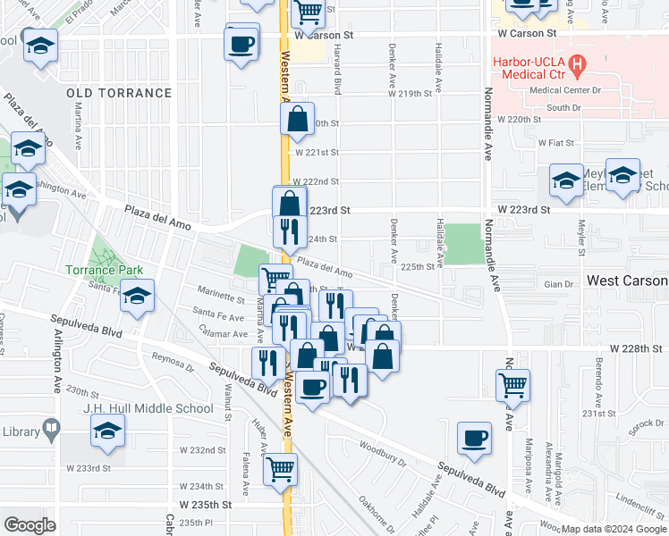 map of restaurants, bars, coffee shops, grocery stores, and more near 1600 Plaza del Amo in Torrance