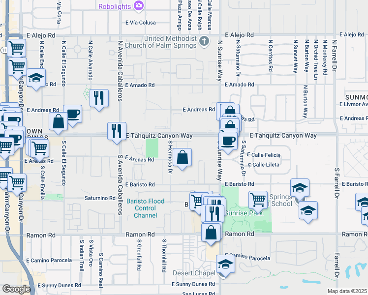 map of restaurants, bars, coffee shops, grocery stores, and more near 1354 Vue Place in Palm Springs