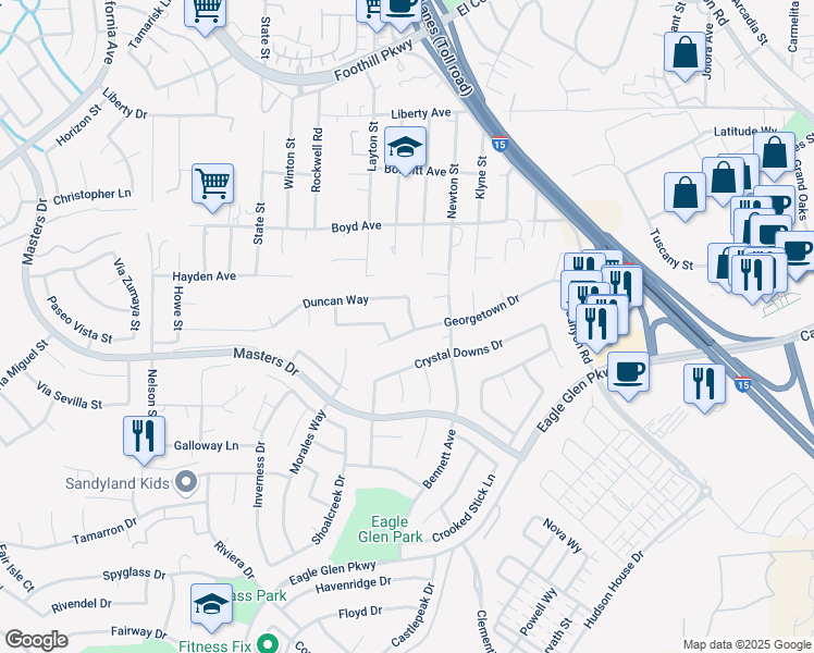 map of restaurants, bars, coffee shops, grocery stores, and more near 3810 Middleburg Place in Corona