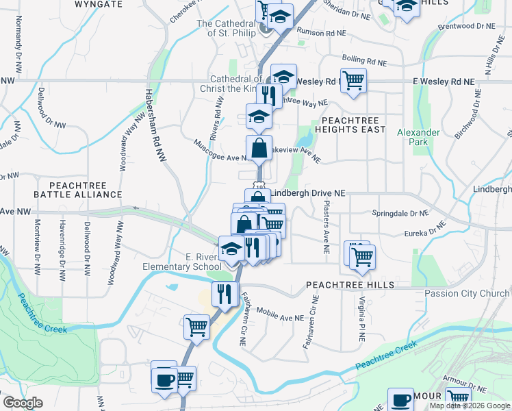map of restaurants, bars, coffee shops, grocery stores, and more near 2460 Peachtree Road Northwest in Atlanta