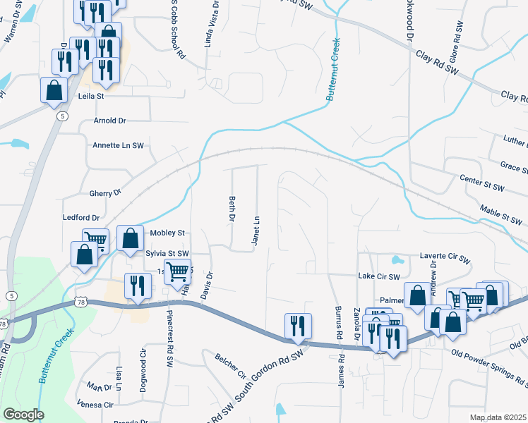 map of restaurants, bars, coffee shops, grocery stores, and more near 5413 Janet Lane in Austell