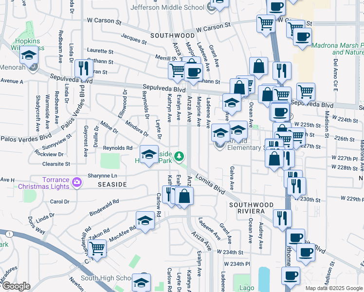 map of restaurants, bars, coffee shops, grocery stores, and more near 22702 Evalyn Avenue in Torrance