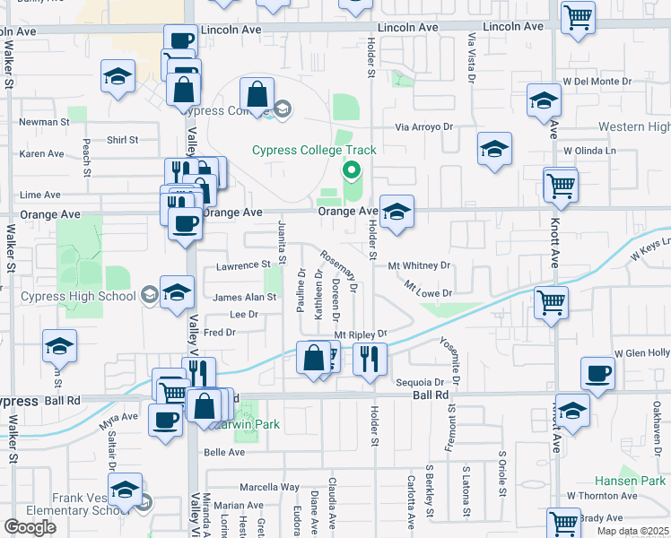 map of restaurants, bars, coffee shops, grocery stores, and more near 6402 Rosemary Drive in Cypress