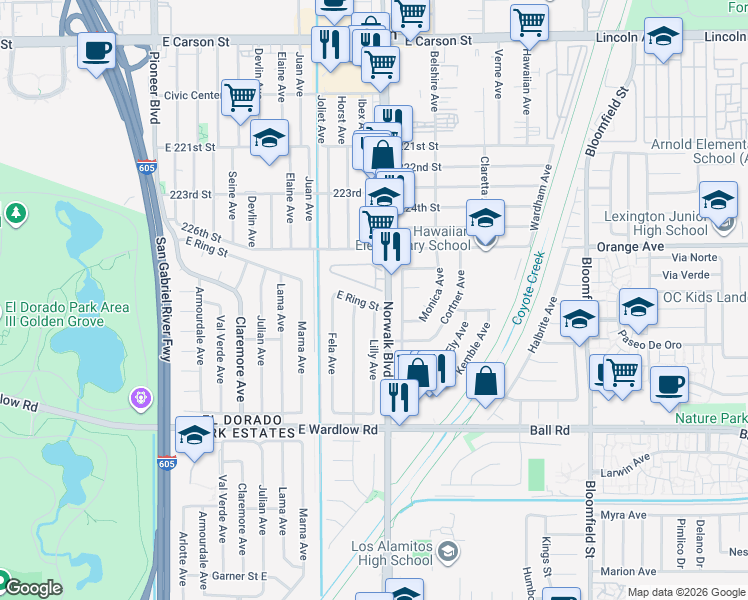 map of restaurants, bars, coffee shops, grocery stores, and more near 8065 East Ring Street in Long Beach