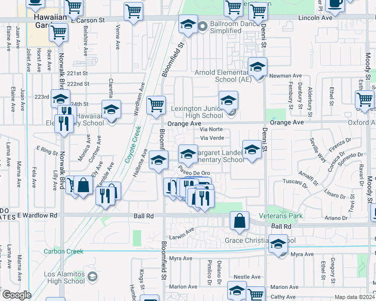 map of restaurants, bars, coffee shops, grocery stores, and more near 4122 Avenida Sevilla in Cypress