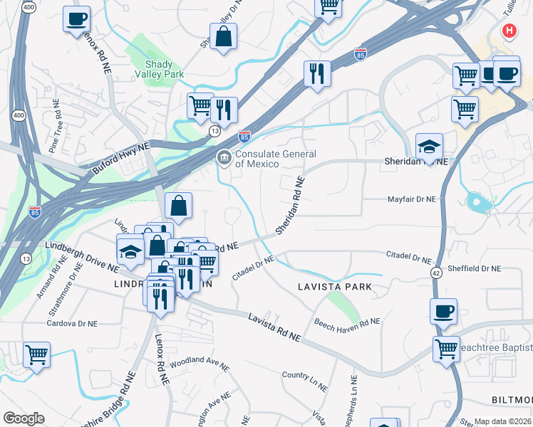 map of restaurants, bars, coffee shops, grocery stores, and more near 1429 Brookvalley Lane in Atlanta