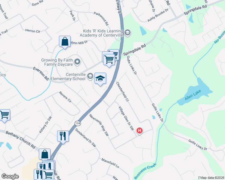 map of restaurants, bars, coffee shops, grocery stores, and more near 3106 Georgia 124 in Snellville