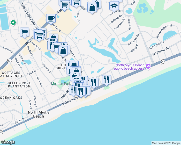 map of restaurants, bars, coffee shops, grocery stores, and more near 209 North Hillside Drive in North Myrtle Beach
