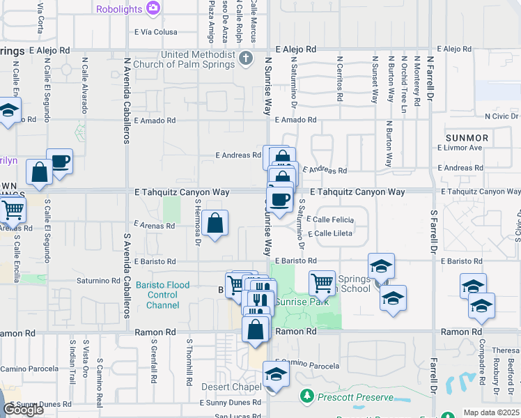 map of restaurants, bars, coffee shops, grocery stores, and more near 151 South Sunrise Way in Palm Springs