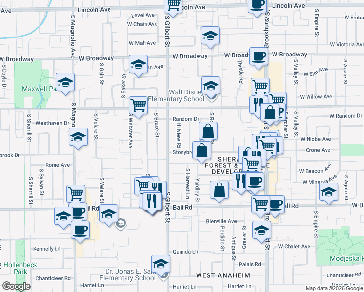 map of restaurants, bars, coffee shops, grocery stores, and more near 9691 South Harvest Lane in Anaheim