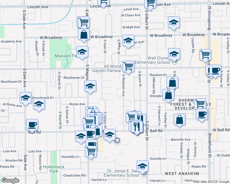 map of restaurants, bars, coffee shops, grocery stores, and more near 2501 West Lorena Drive in Anaheim