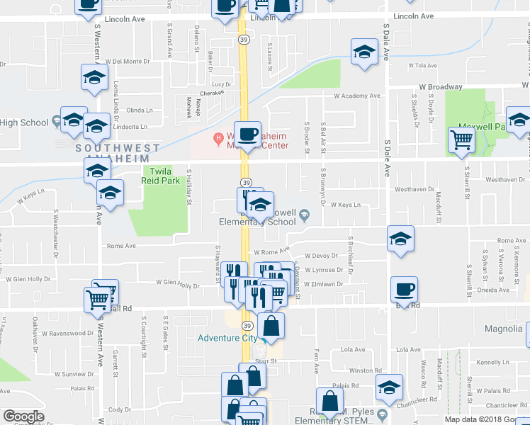 map of restaurants, bars, coffee shops, grocery stores, and more near 730 South Beach Boulevard in Anaheim