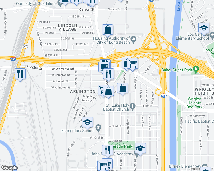 map of restaurants, bars, coffee shops, grocery stores, and more near 3620 Santa Fe Avenue in Long Beach