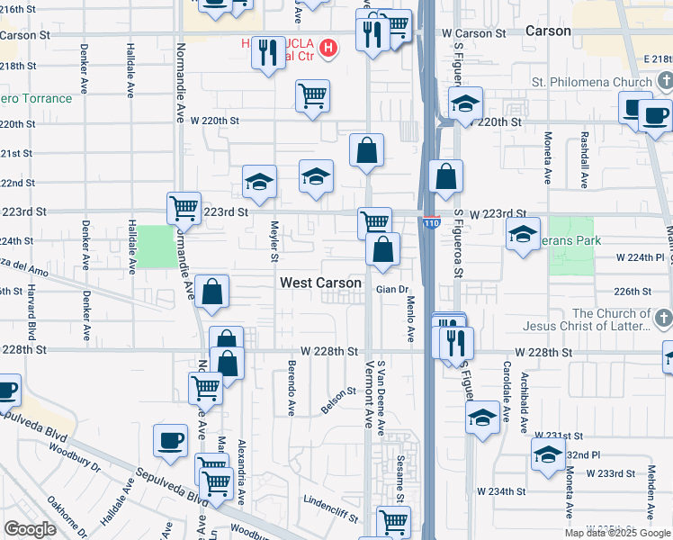 map of restaurants, bars, coffee shops, grocery stores, and more near 22433 Vermont Avenue in Torrance