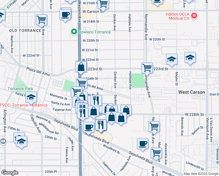 map of restaurants, bars, coffee shops, grocery stores, and more near 1537 Plaza del Amo in Torrance