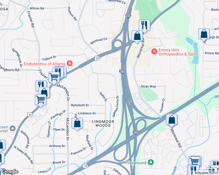 map of restaurants, bars, coffee shops, grocery stores, and more near 3300 Old Mill Court in Decatur