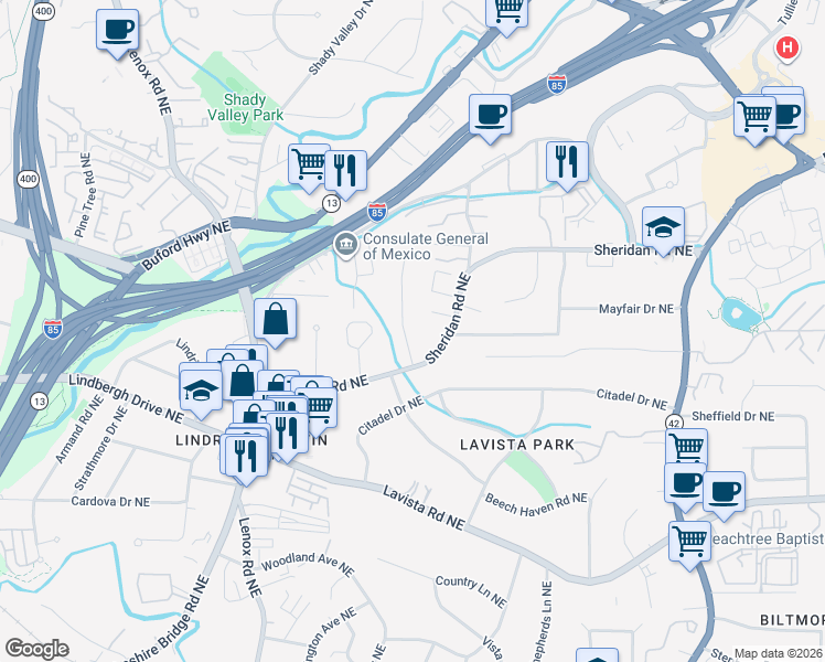 map of restaurants, bars, coffee shops, grocery stores, and more near 1429 Brookvalley Lane in Atlanta