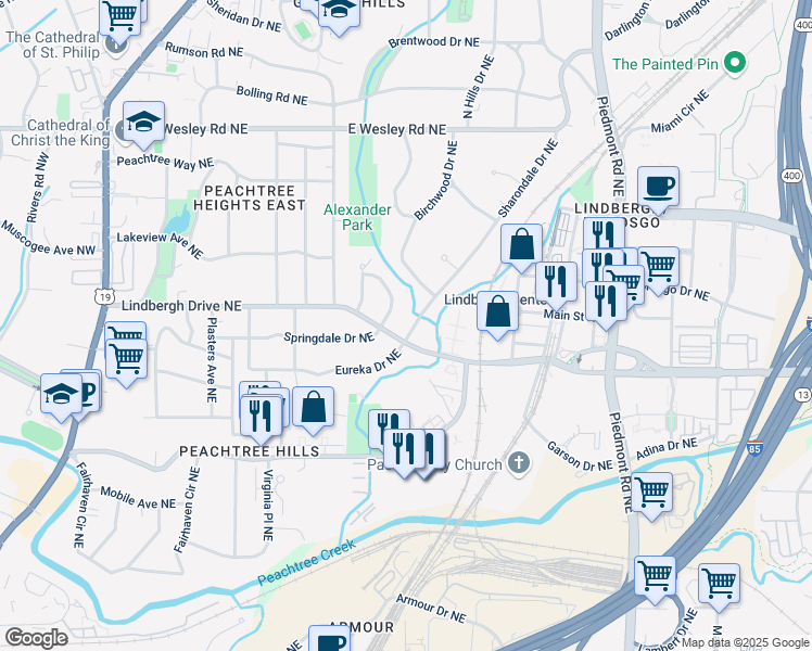 map of restaurants, bars, coffee shops, grocery stores, and more near 2466 Sharondale Drive Northeast in Atlanta