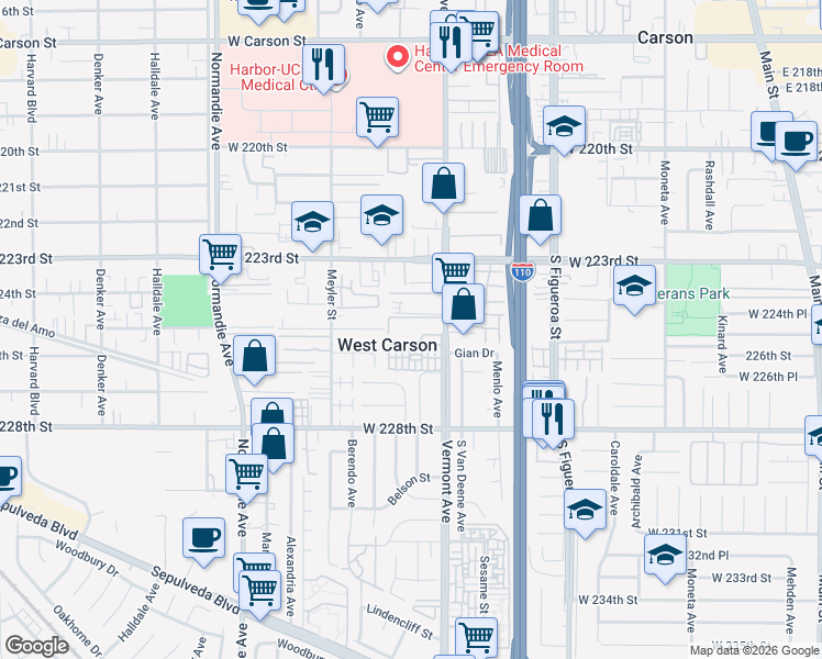 map of restaurants, bars, coffee shops, grocery stores, and more near 22433 South Vermont Avenue in Torrance