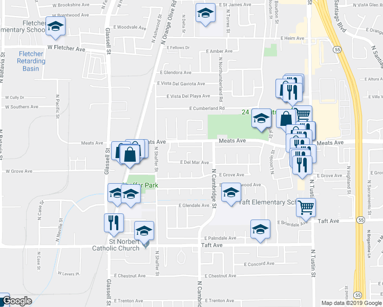 map of restaurants, bars, coffee shops, grocery stores, and more near 2045 North Genessee Street in Orange