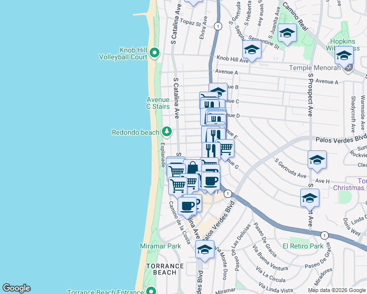 map of restaurants, bars, coffee shops, grocery stores, and more near 1400 South Catalina Avenue in Redondo Beach