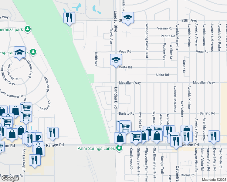 map of restaurants, bars, coffee shops, grocery stores, and more near 31090 Calle Agate in Cathedral City