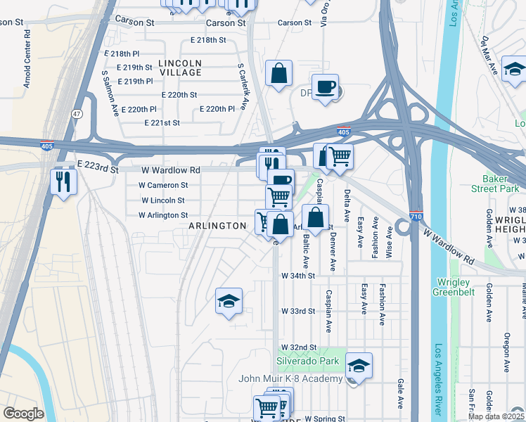 map of restaurants, bars, coffee shops, grocery stores, and more near 1737 West Arlington Street in Long Beach