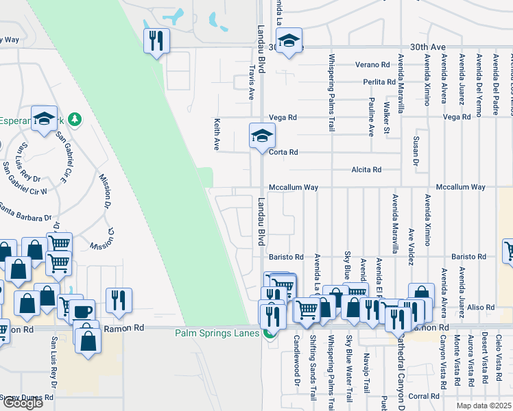 map of restaurants, bars, coffee shops, grocery stores, and more near 31090 Calle Agate in Cathedral City