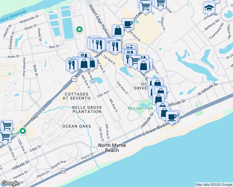 map of restaurants, bars, coffee shops, grocery stores, and more near 503 3rd Avenue South in North Myrtle Beach