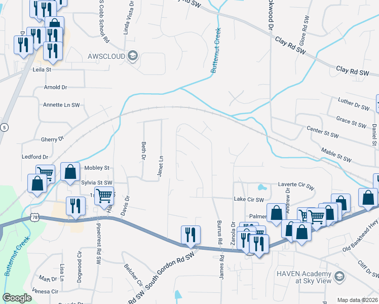 map of restaurants, bars, coffee shops, grocery stores, and more near 5420 Burrus Lane Southwest in Mableton