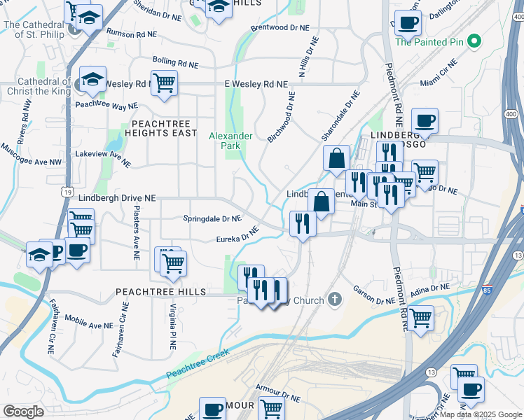 map of restaurants, bars, coffee shops, grocery stores, and more near 2466 Sharondale Drive Northeast in Atlanta